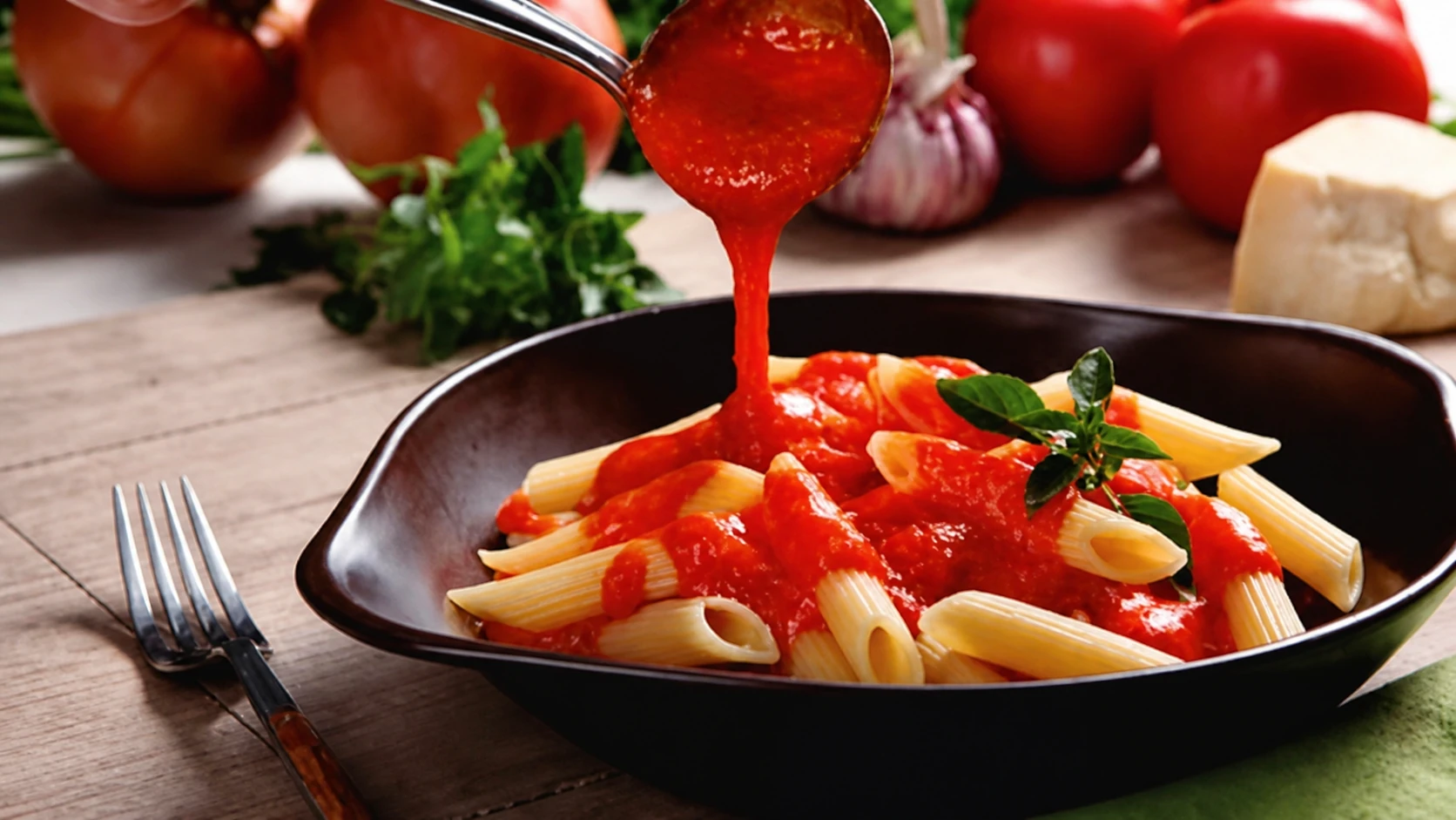 Penne ao molho pomodoro com tomate e manjericão